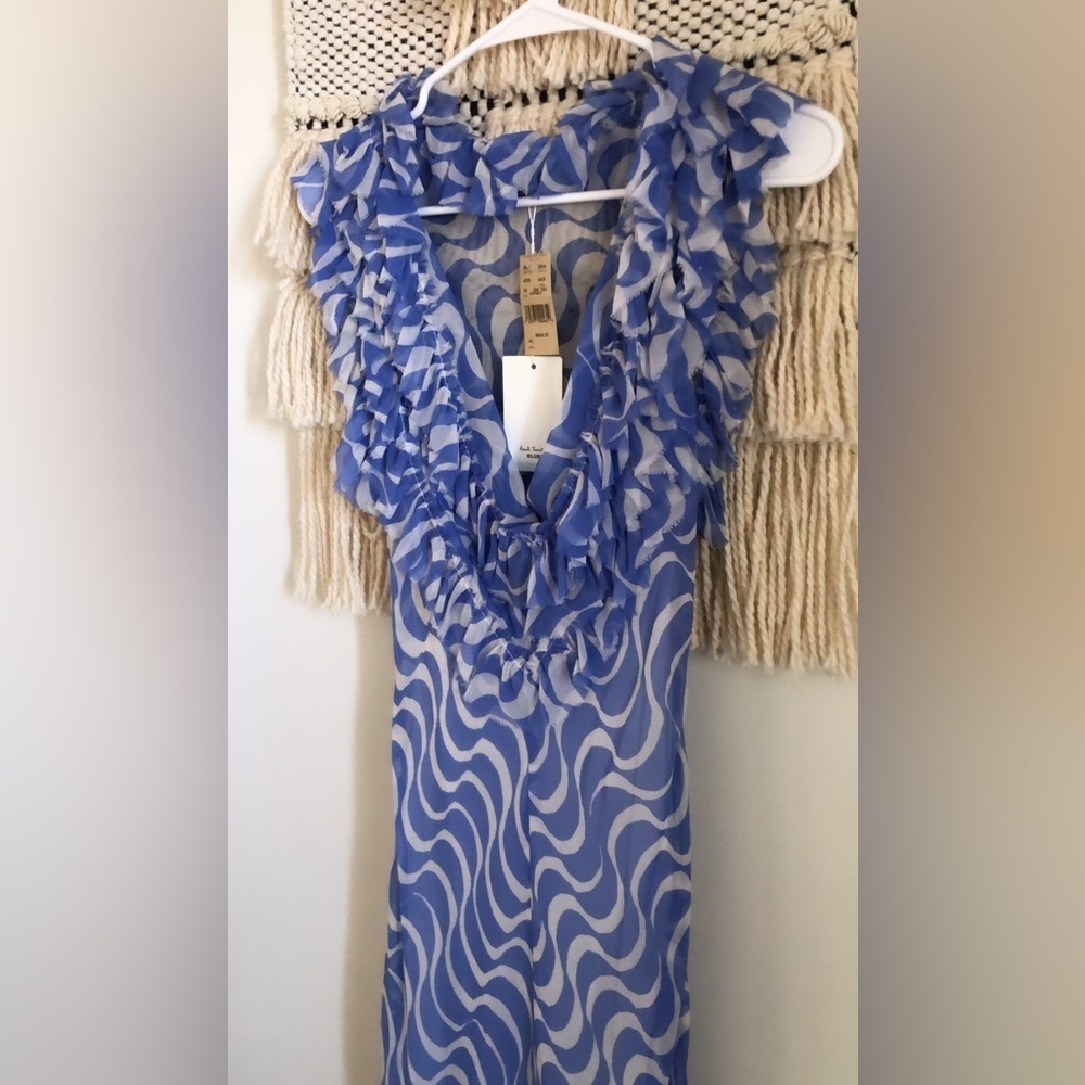 NWT Paul Smith Blue Henri Bendel Runway 100% Silk Ruffle Dress Resort Travel - Picture 3 of 9